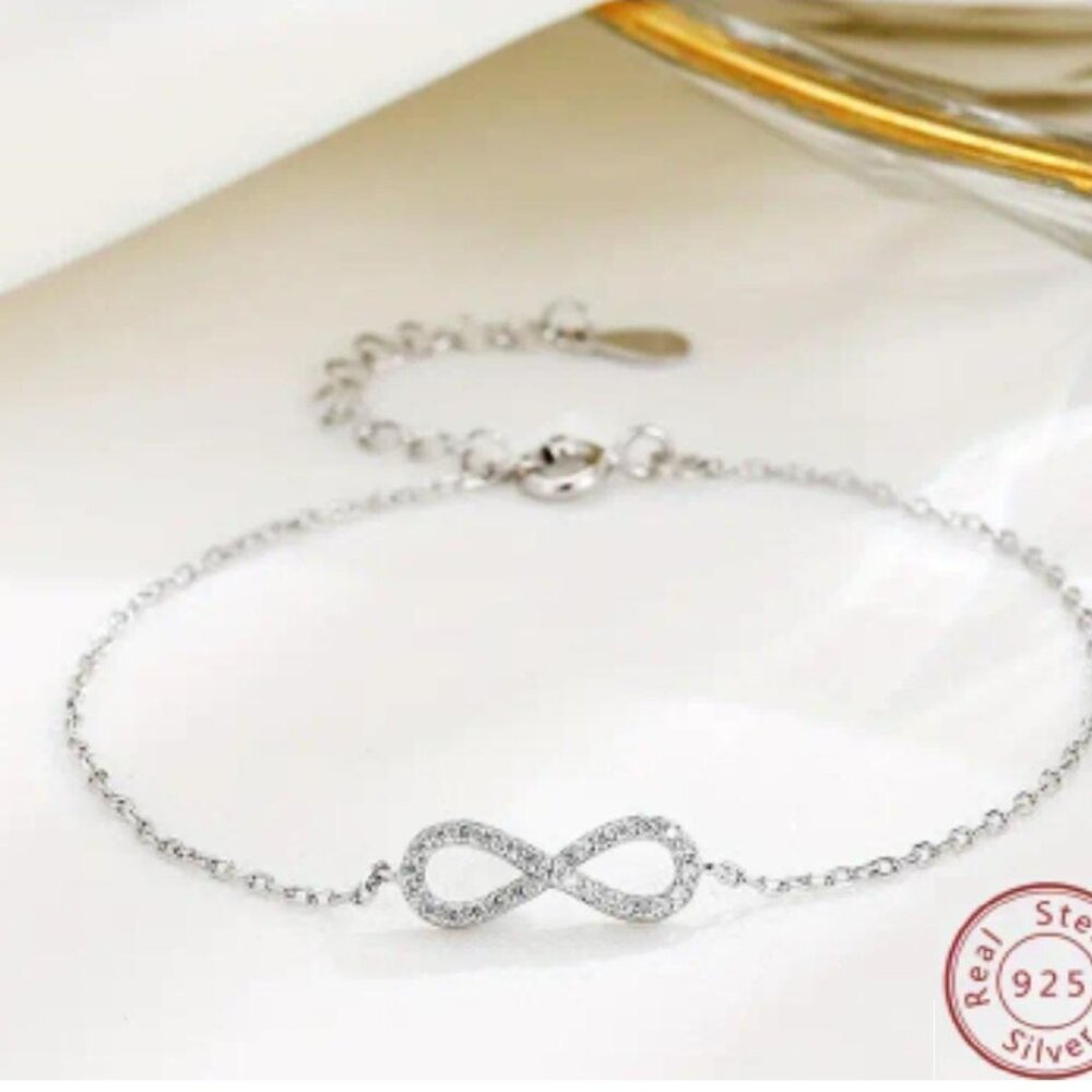 Sterling Silver Infinity Anklet Bracelet With Clear Stones Ships USA